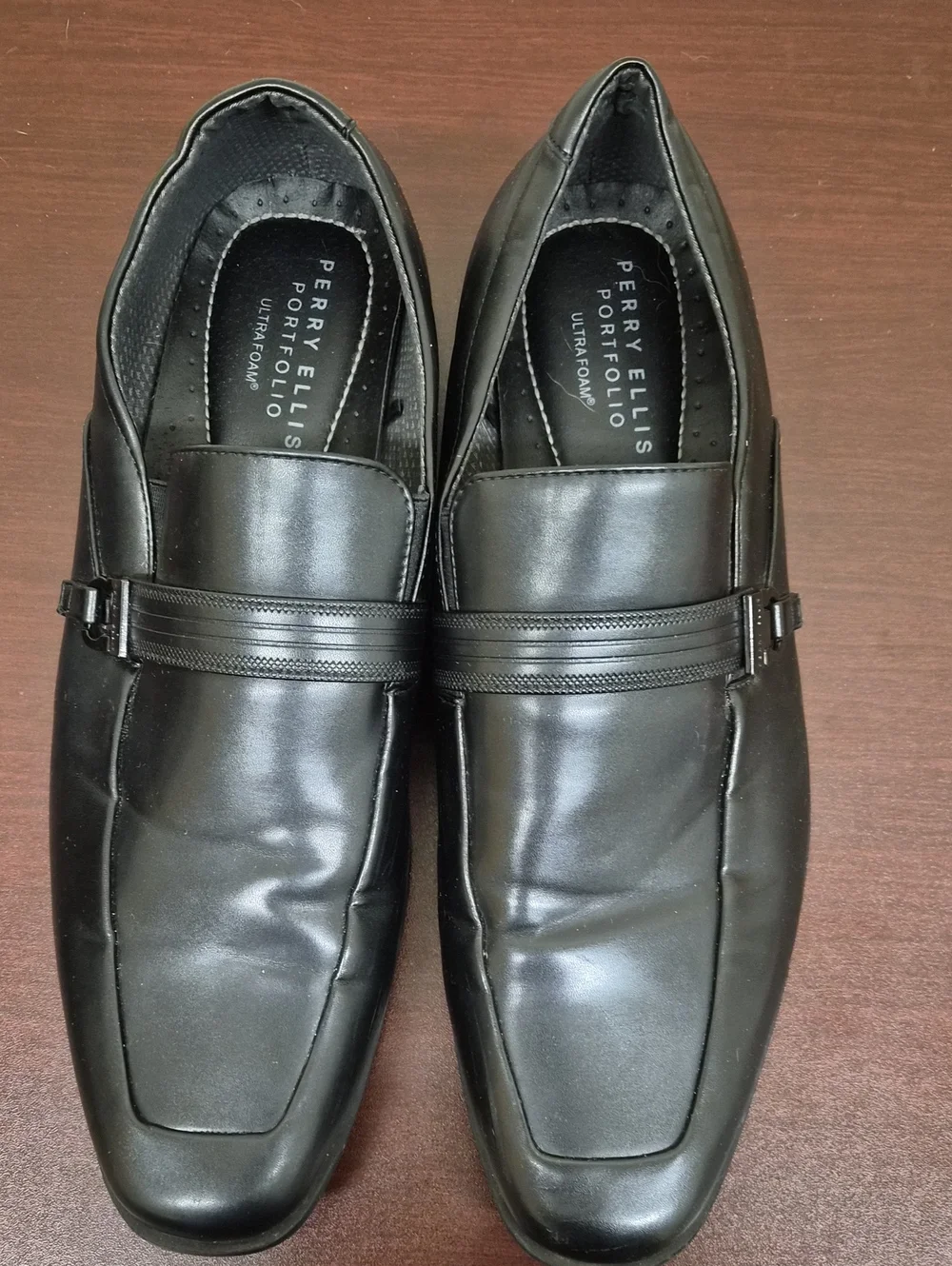 Perry Ellis Black Slip-On Dress Loafers with Strap Detail Size 11.5